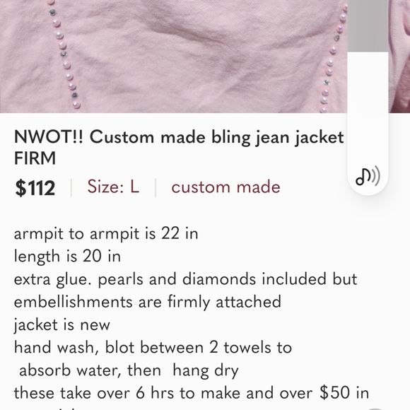 NWOT! READ!! Custom made crop pearl & diamond jean jacket - Picture 10 of 12